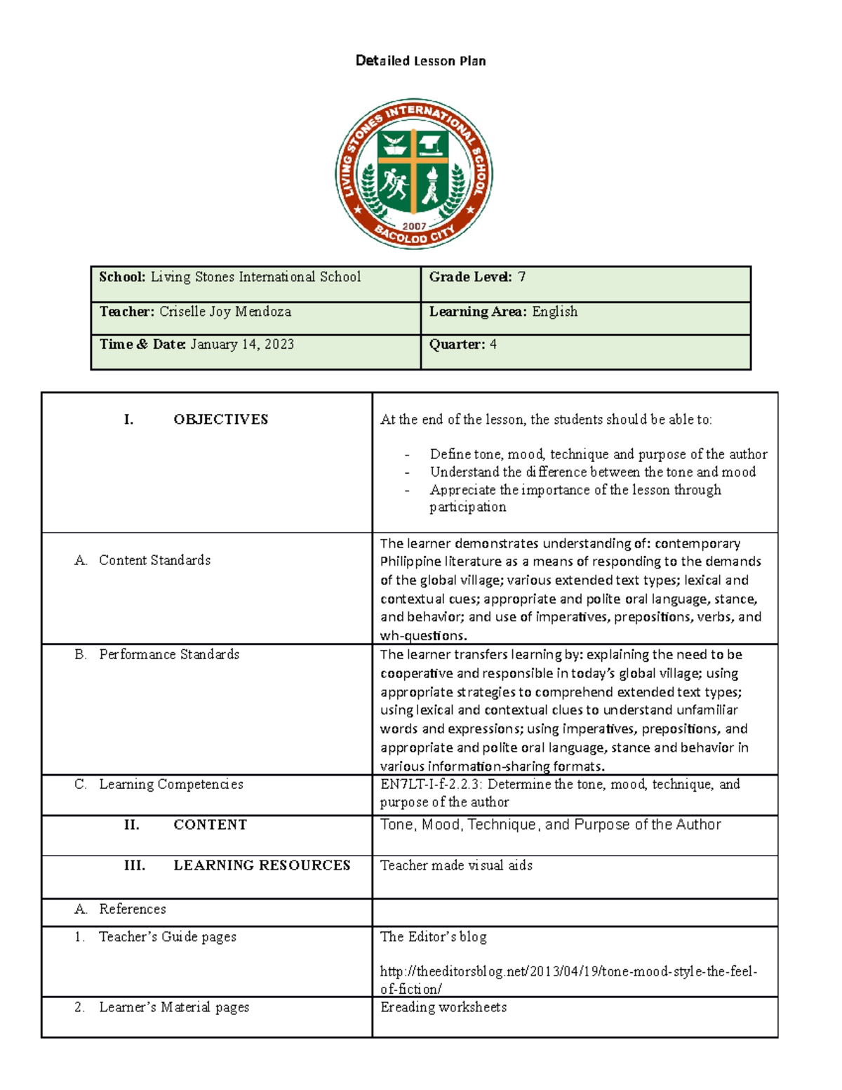 Detailed Lesson Plan for Grade 7 English: Tone, Mood, and Technique ...