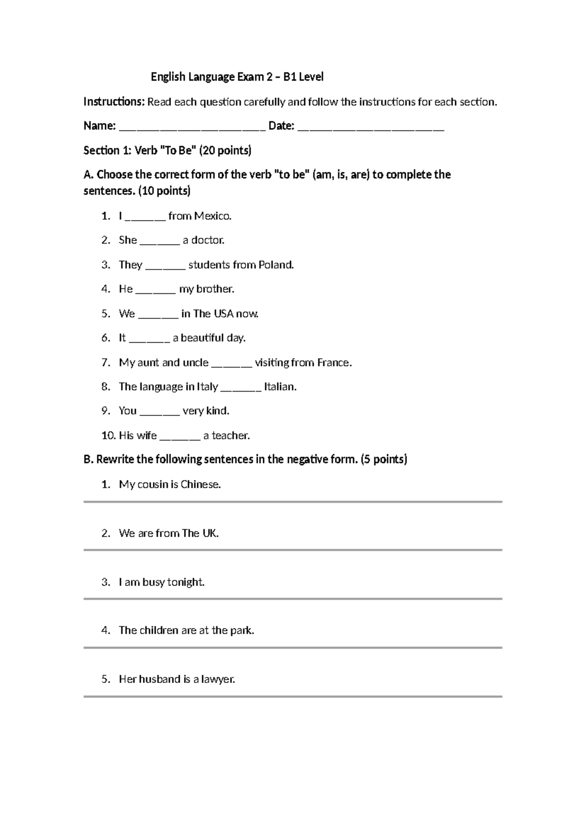 English Language Exam B1 Level: Comprehensive Study Guide - Studocu