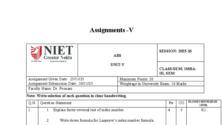 Assignment-V: ABS Assignment on Index Numbers and Tests - Studocu