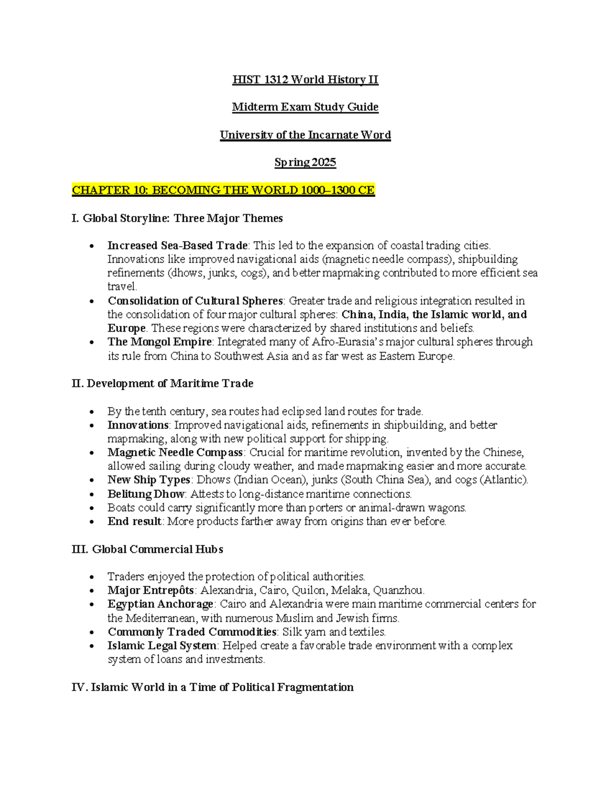 Final Exam Study Guide: HIST 1312 World History II (Spring 2025) - Studocu