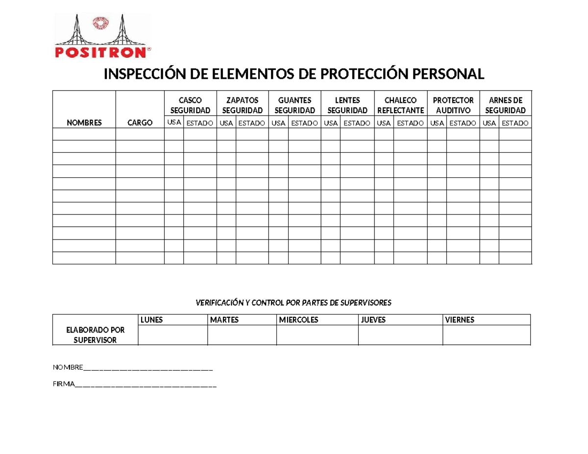 Formato Registro EPP - CHECKLIST EPP SEMANAL - INSPECCIÓN DE ELEMENTOS ...