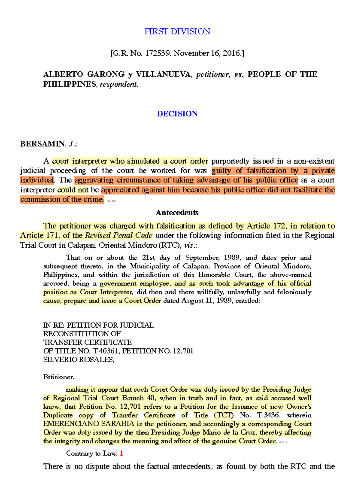 Case Study: Garong y Villanueva vs. People of the Philippines (G.R. No ...