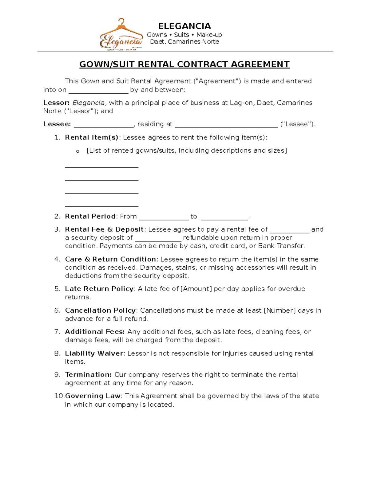 prom dress rental agreement Gown/Suit Rental Contract Agreement - Elegancia Sample Document