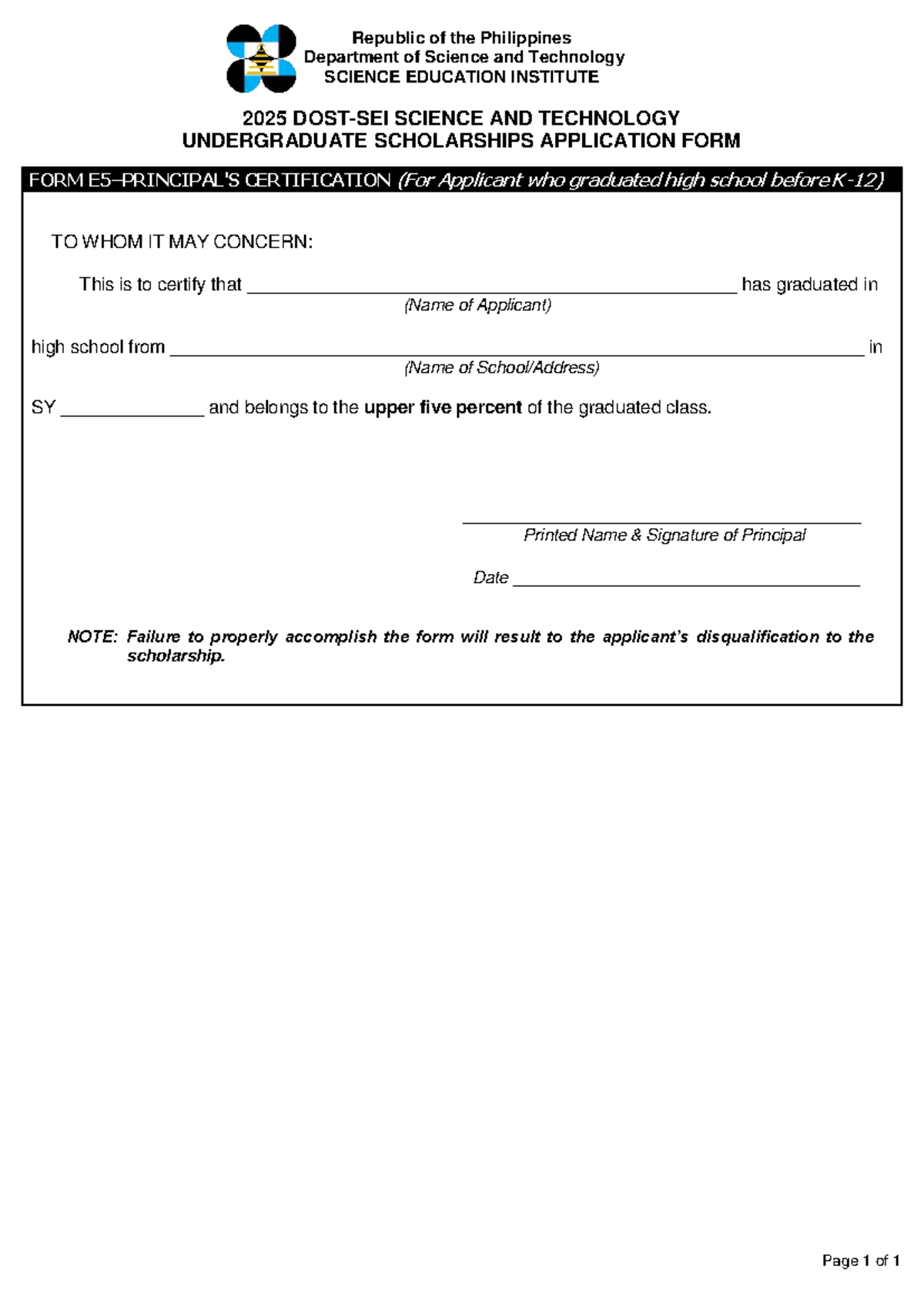 2025 DOST-SEI S&T Undergraduate Application Form E5-Final - Republic of ...