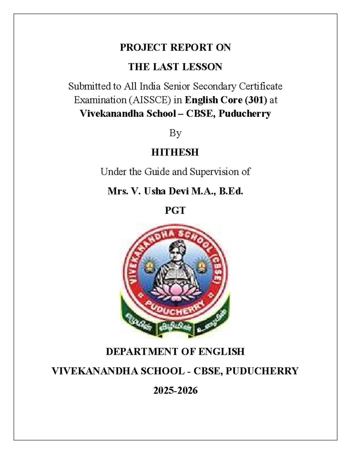 AISSCE Project Report: English Core (301) on The Last Lesson - Studocu