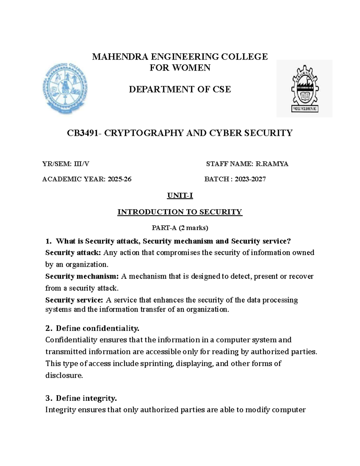 CSE 101: Cryptography & Cyber Security - Unit 1 & 2 Q&A Bank - Studocu