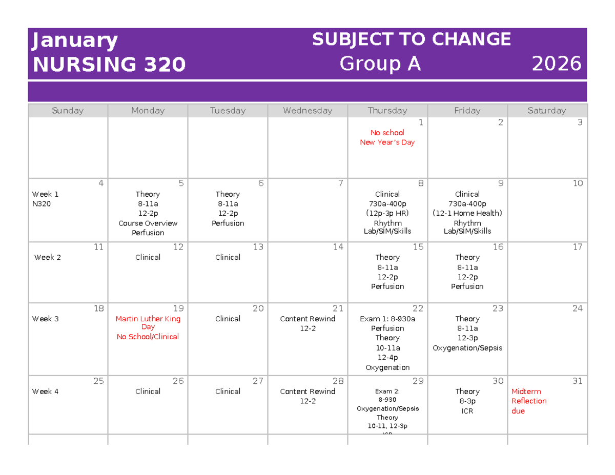 NURSING 320 Group A Spring 2026 Course Schedule & Overview - Studocu