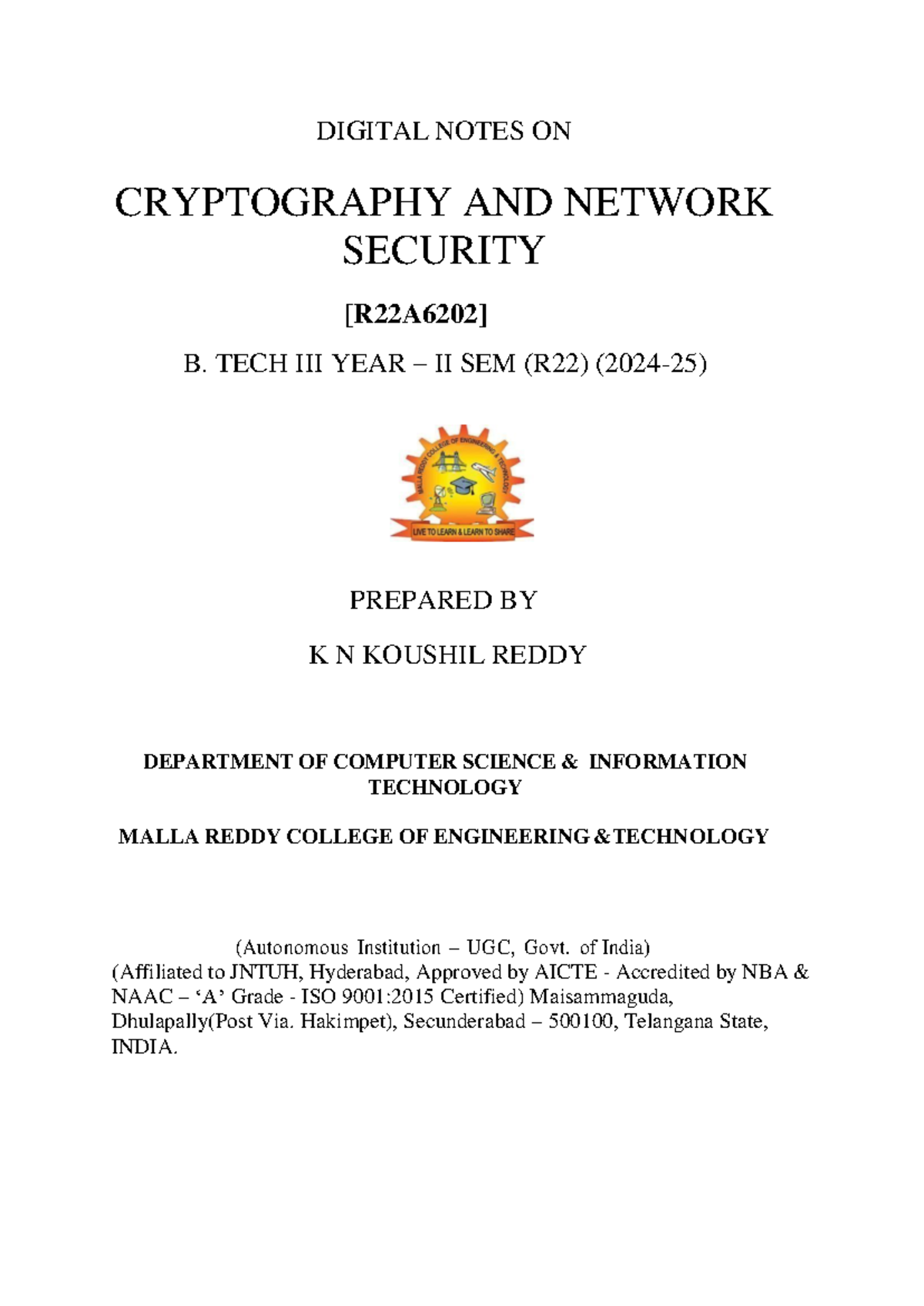 CSIT III-II Digital Notes on Cryptography & Network Security - Studocu
