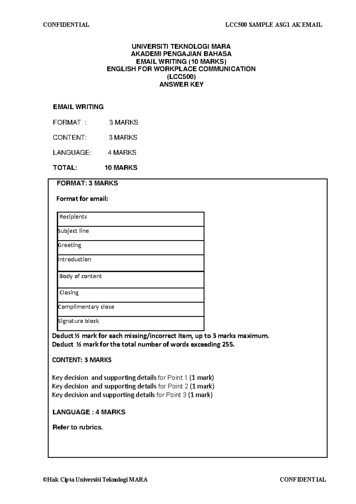 LCC500 Email Writing Sample Assignment (10 Marks) - Answer Key - Studocu