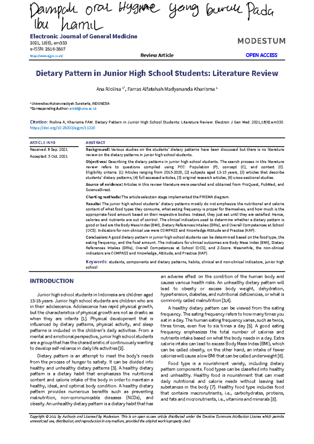 Dietary Patterns in Junior High School Students: A Literature Review ...