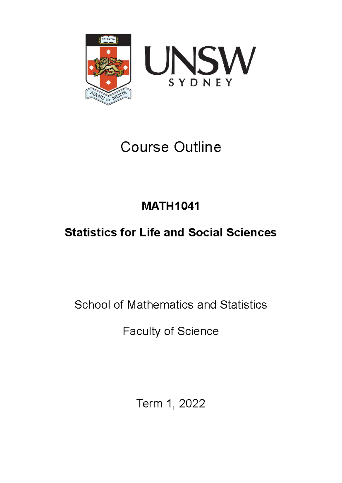 MATH1041 - Statistics for Life and Social Sciences Course Outline - Studocu