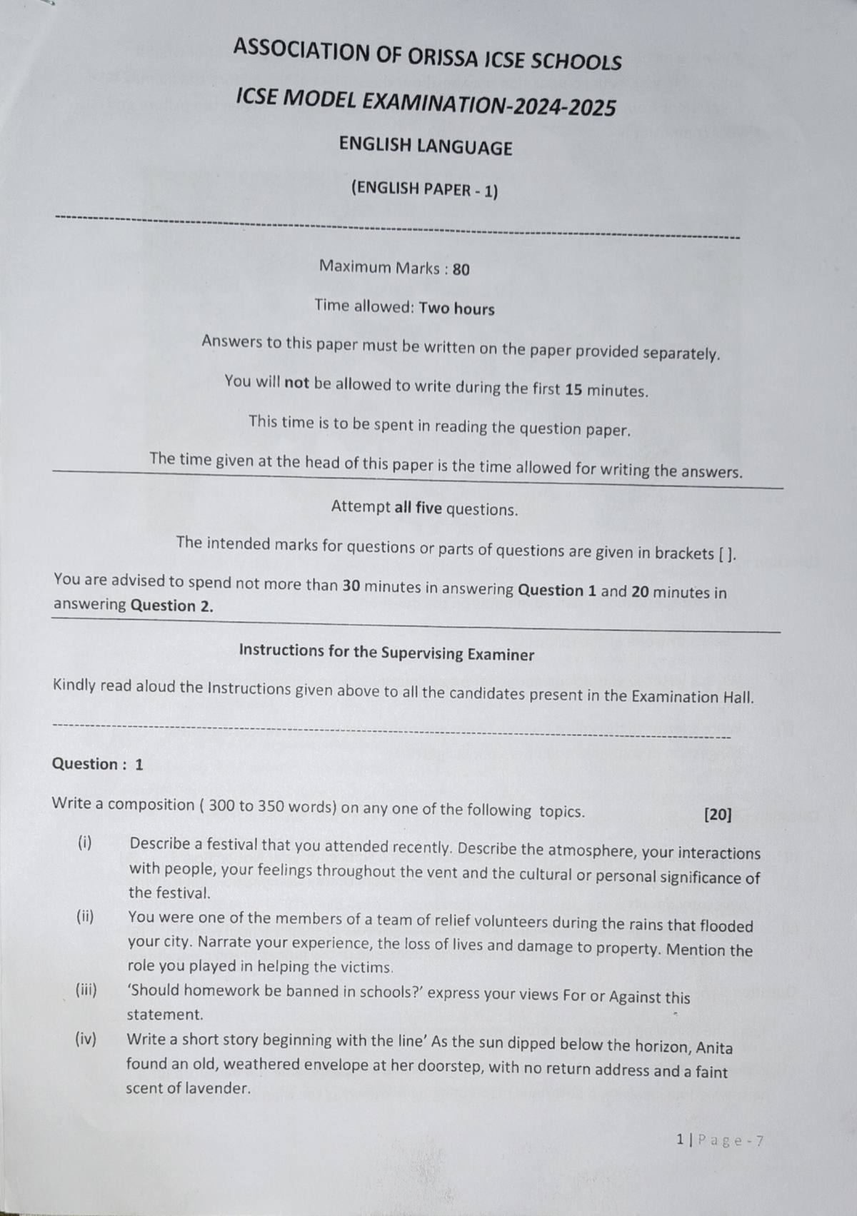 ICSE Model English Language Exam Paper - Association of Orissa Schools ...
