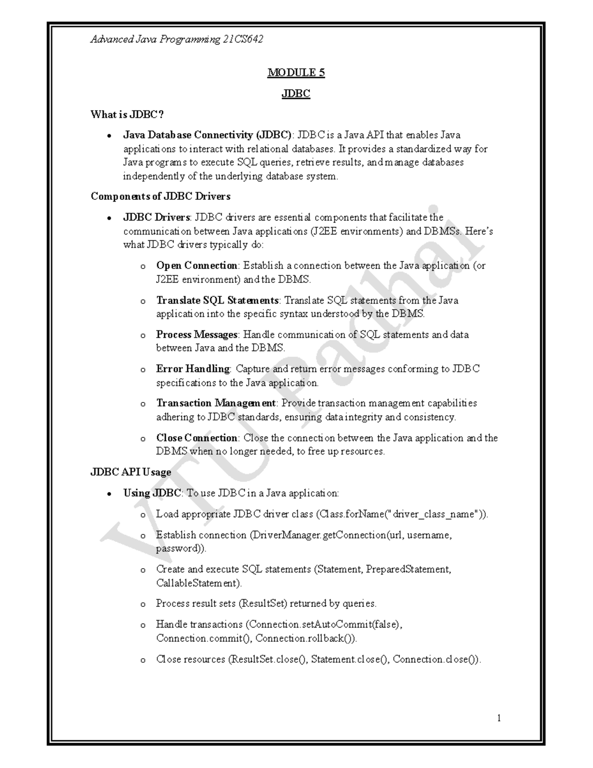 Advanced Java Programming 21CS642 Module 5: Understanding JDBC - Studocu