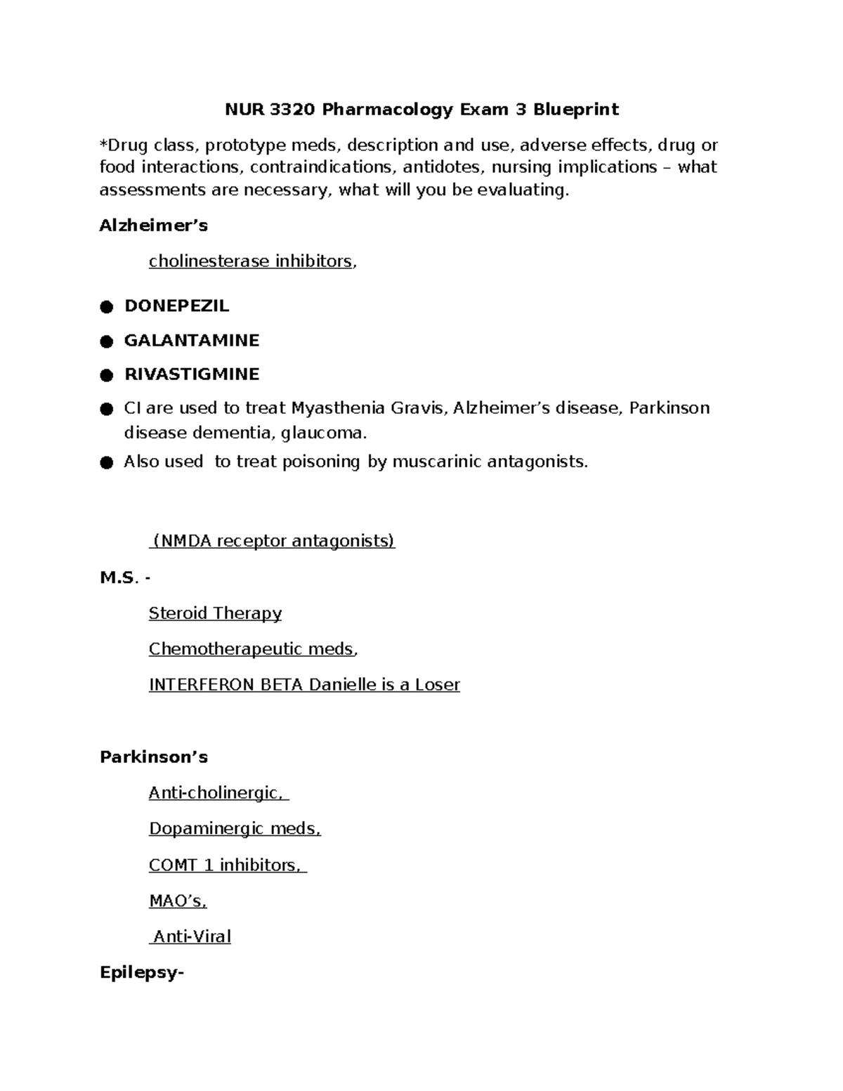 NUR 3320 Pharmacology Exam 3 Study Guide: Key Medications ...