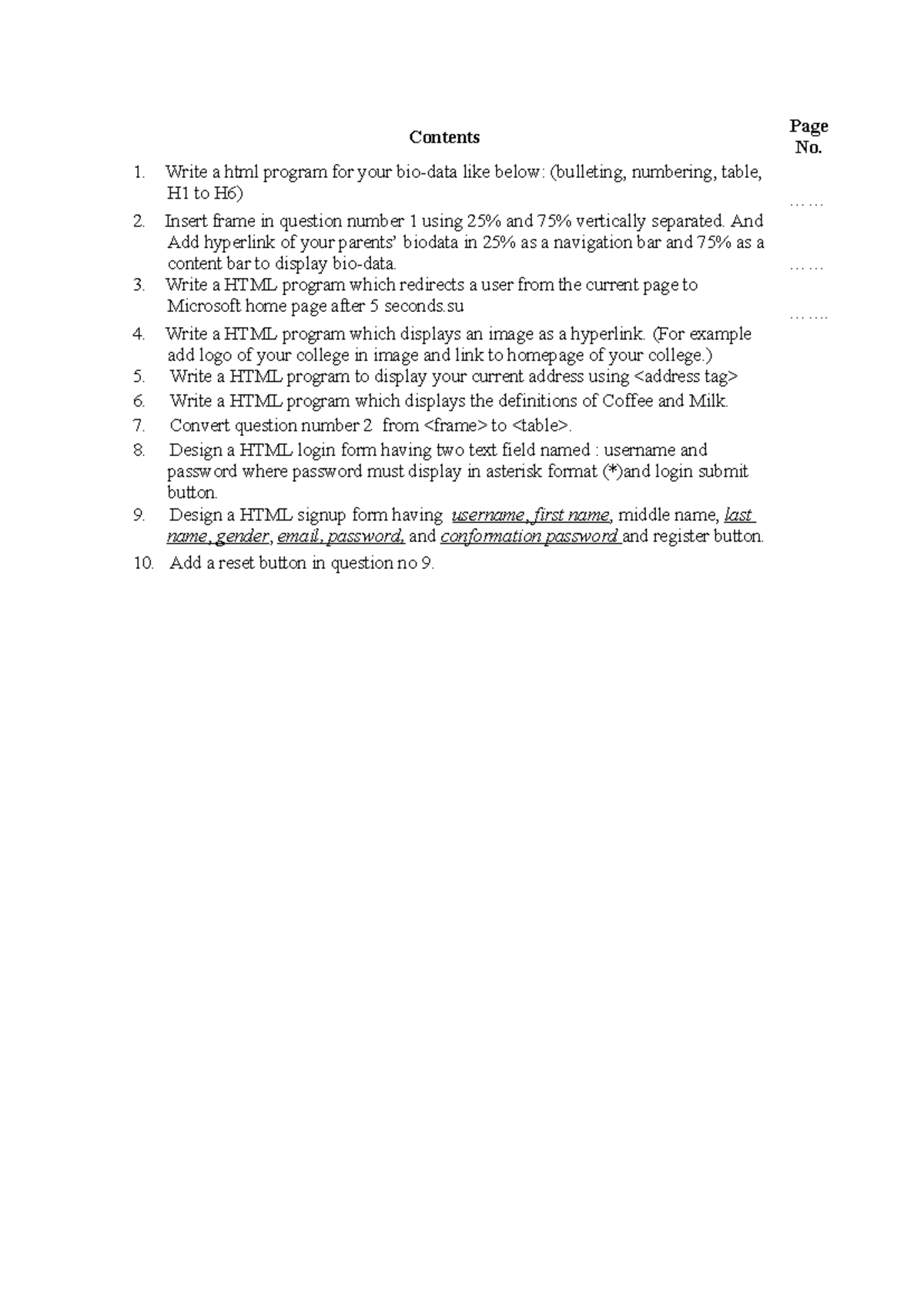 2. HTML Lab assignment - Web Programming - Contents Page No. Write a ...
