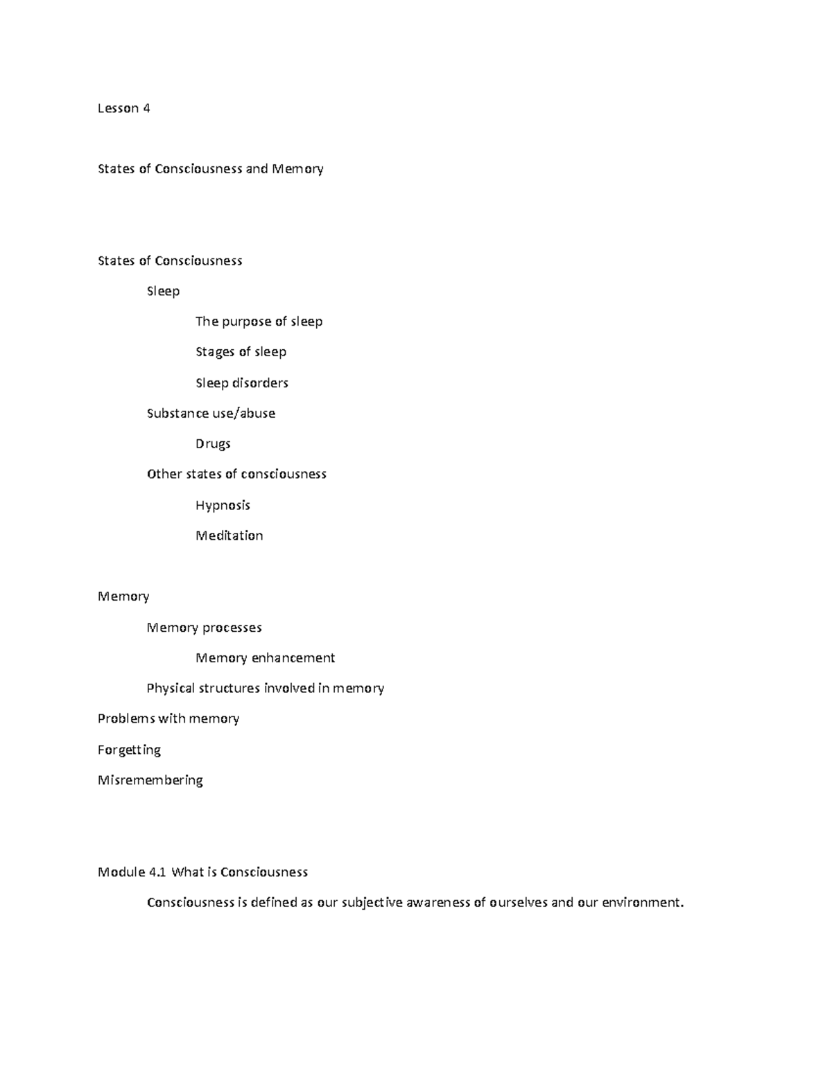 Psy 101 lesson 4 - Lecture notes 4 - Lesson 4 States of Consciousness ...