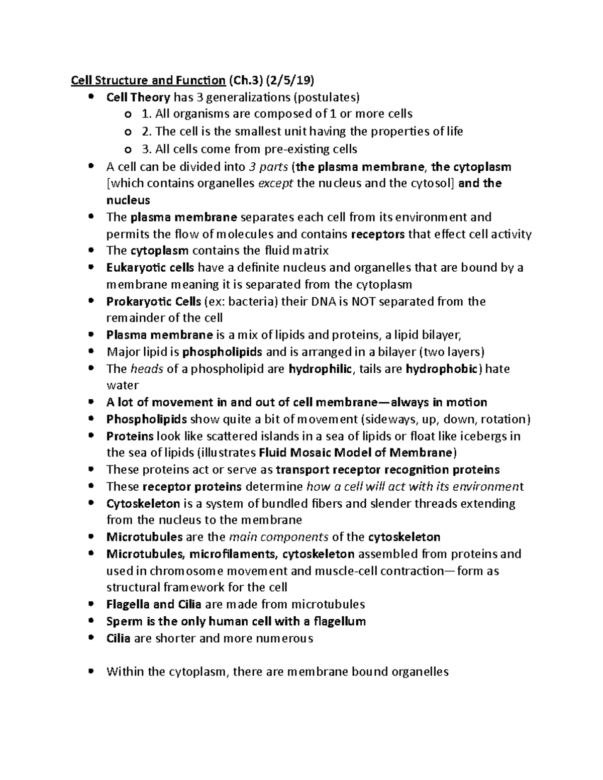 BIO - Lecture notes 3-4 - Cell Structure and Function (Ch) (2/5/19 ...