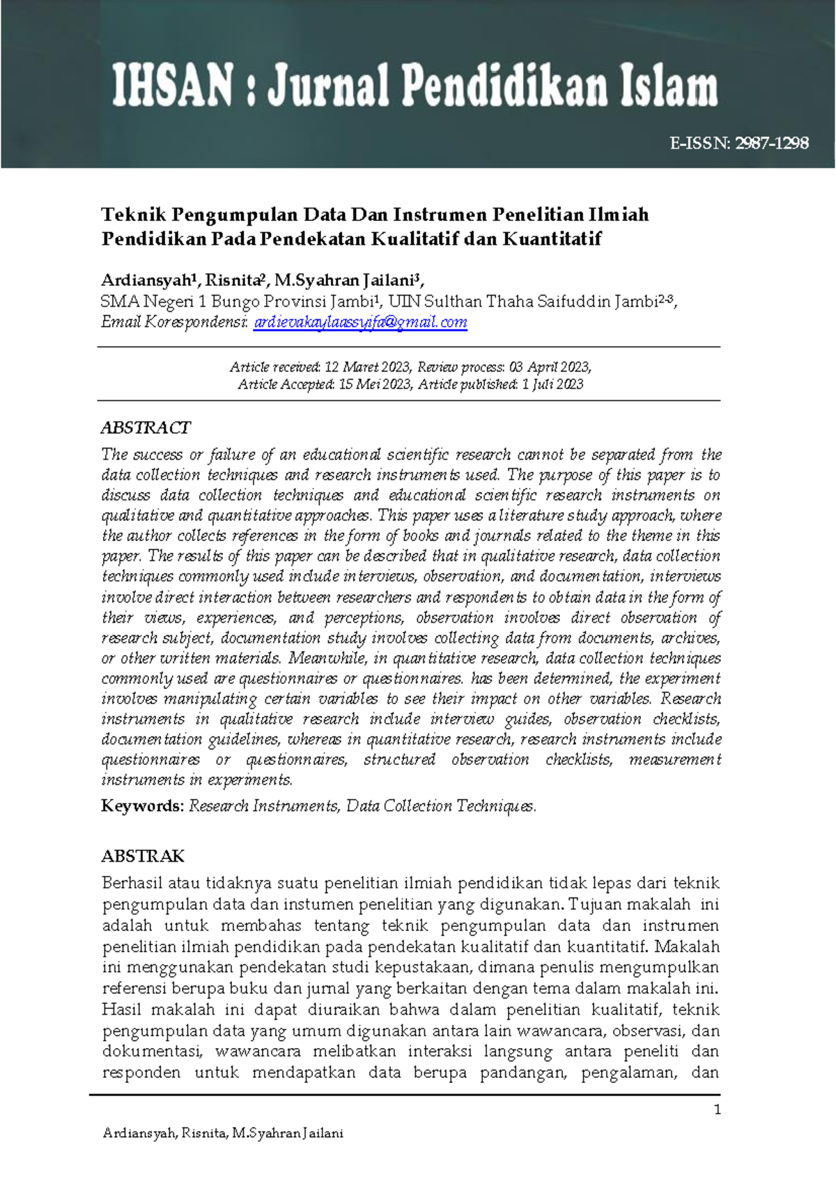 IHSAN: Jurnal Pendidikan Islam Volume 1 No. 2 - Teknik Pengumpulan Data ...