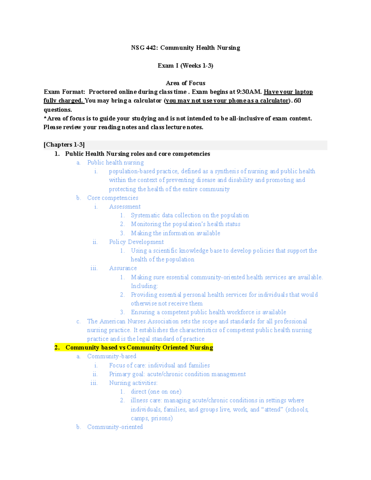 NSG 442 Exam 1 - STUDY GUIDE - NSG 442: Community Health Nursing Exam I ...