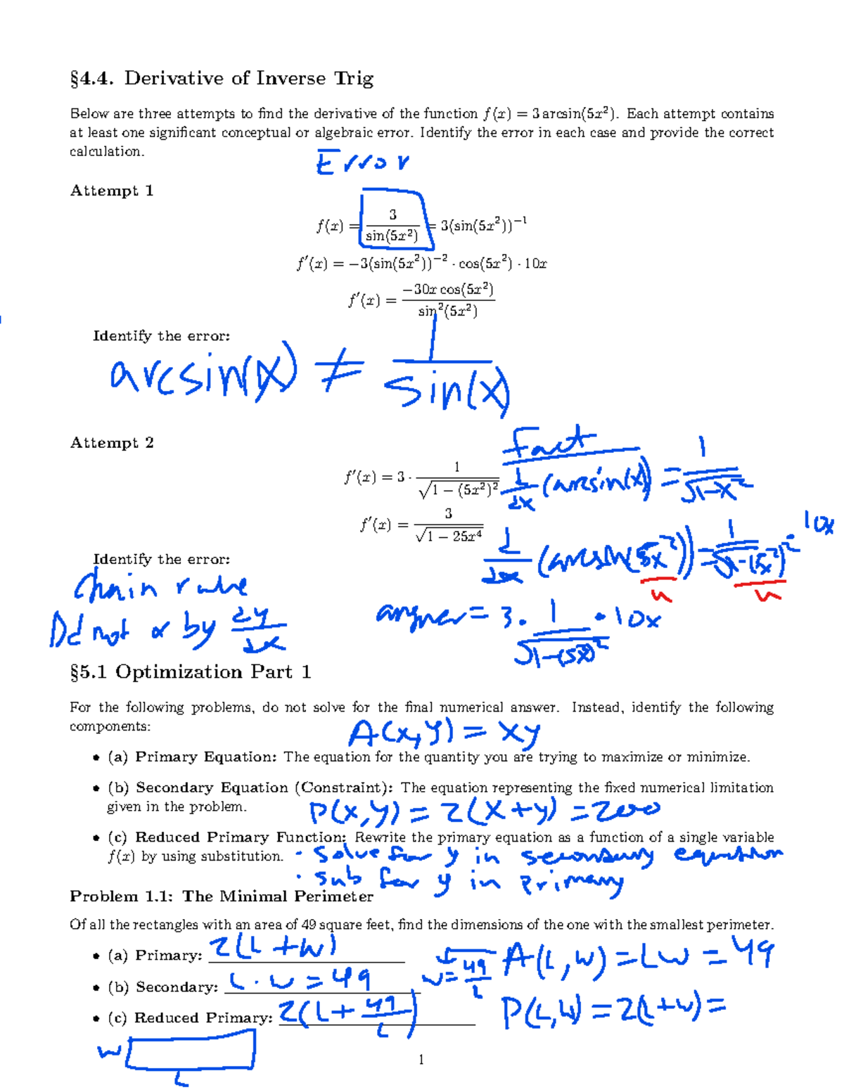 2413 0331 Lab Worksheet: Derivatives of Inverse Trig &amp; Optimization ...