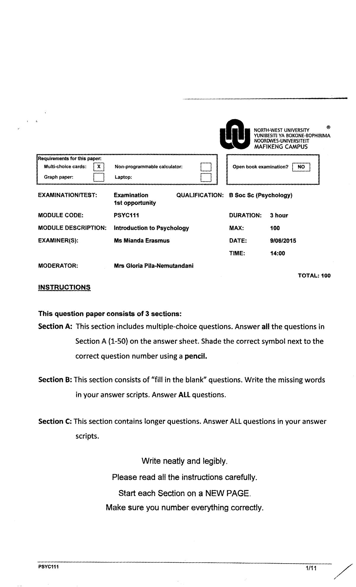 Psyc111 - Mid Year Exam Question Paper: Introduction to Psychology ...