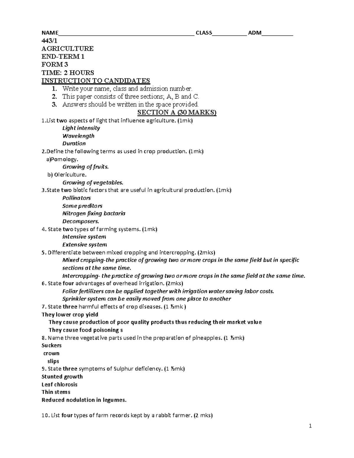 AGRICULTURE 1 FORM 3 PP1 MARKING SCHEME - Studocu