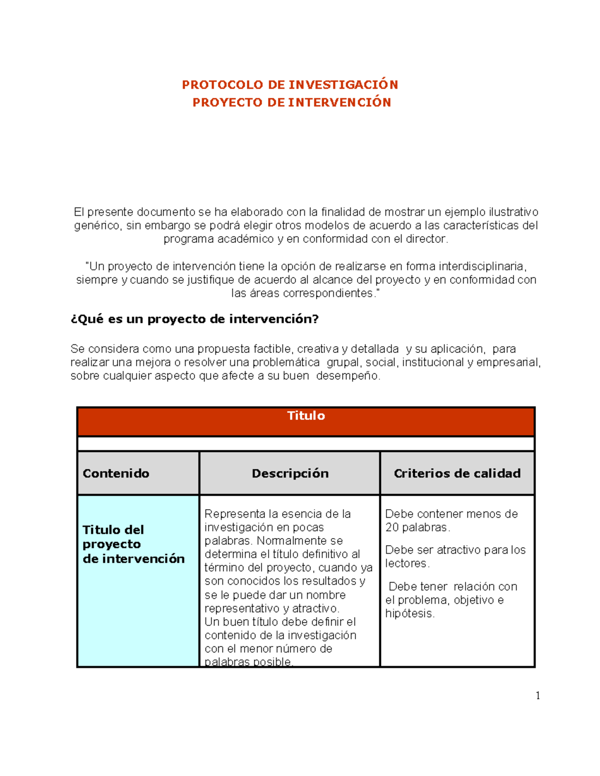 Guía para Protocolo de Investigación: Proyecto de Intervención - Studocu