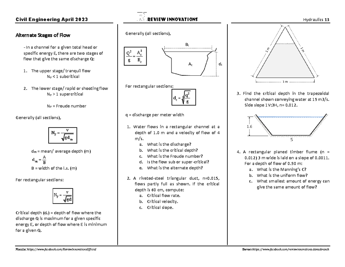 Hyd 13 - hydraulics notes - Civil Engineering April 2023 Review ...