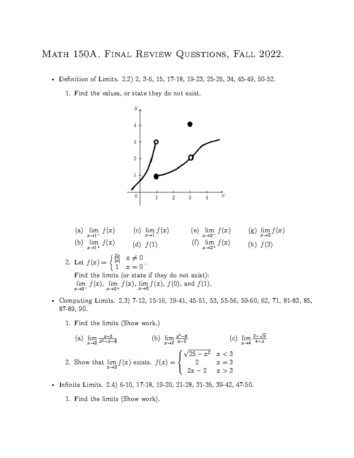 Math 150A. Final Review Questions, Fall 2022 - Studocu