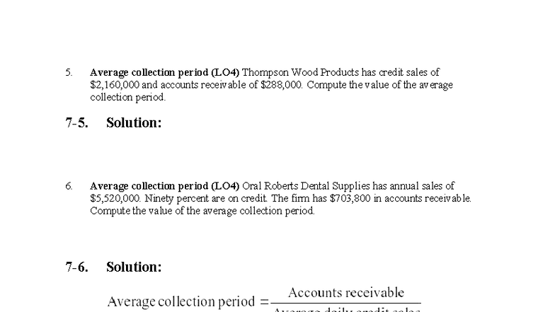 Chapter 7 Exercises on Average Collection Period (LO4) - Studocu