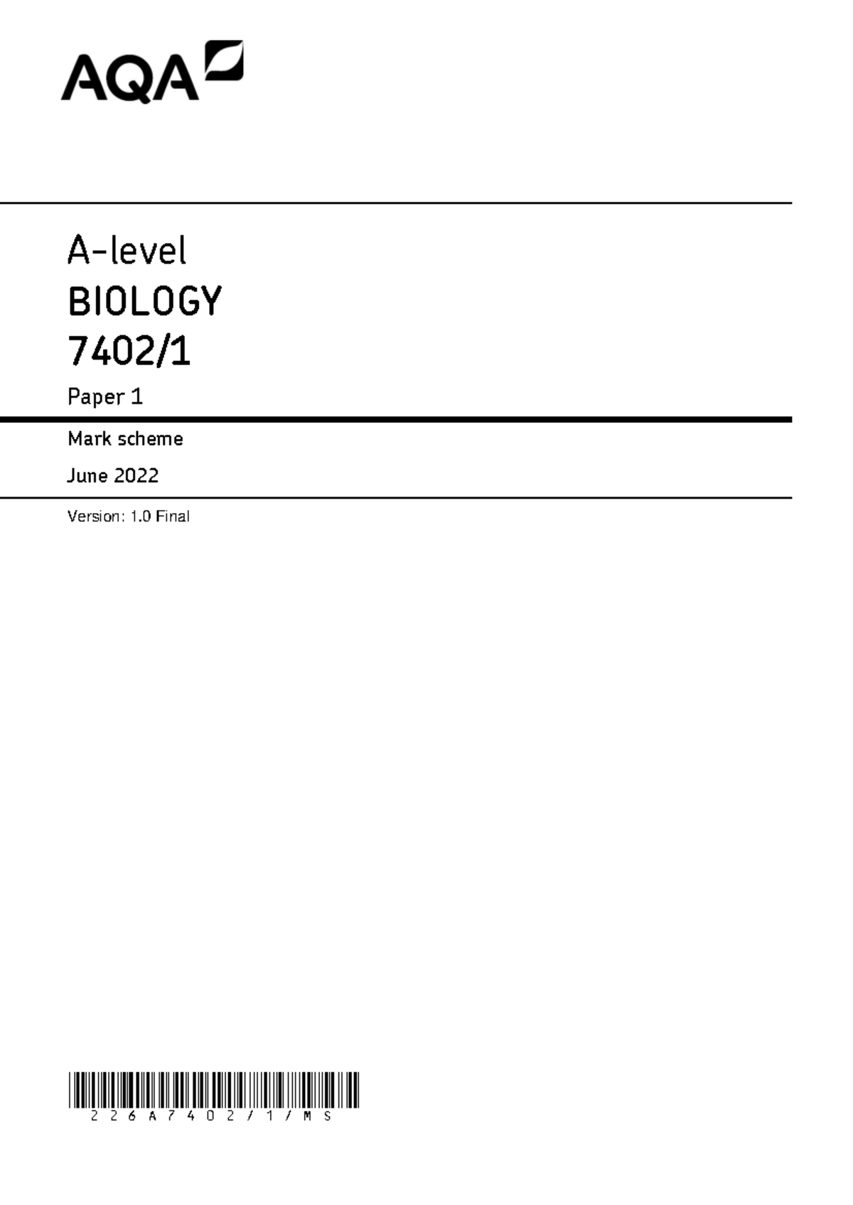 BIOLOGY Paper 1 Mark Scheme June 2022 - Final Version 1.0 - Studocu