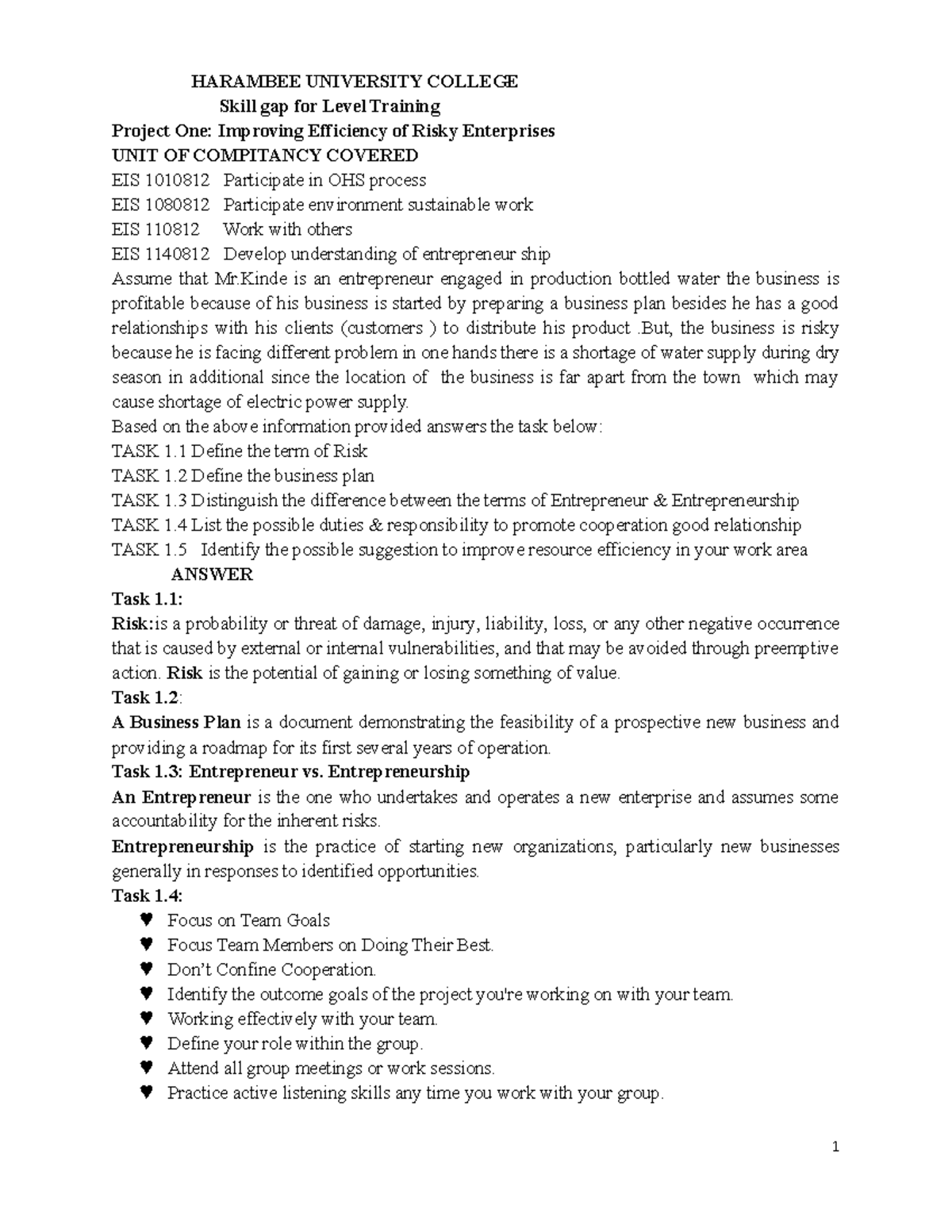 Level One COC Model: Training Skills for Risk Management & Efficiency ...