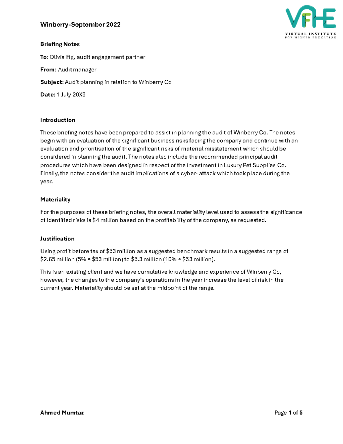 Audit Planning Briefing Notes for Winberry Co - July 20X - Studocu
