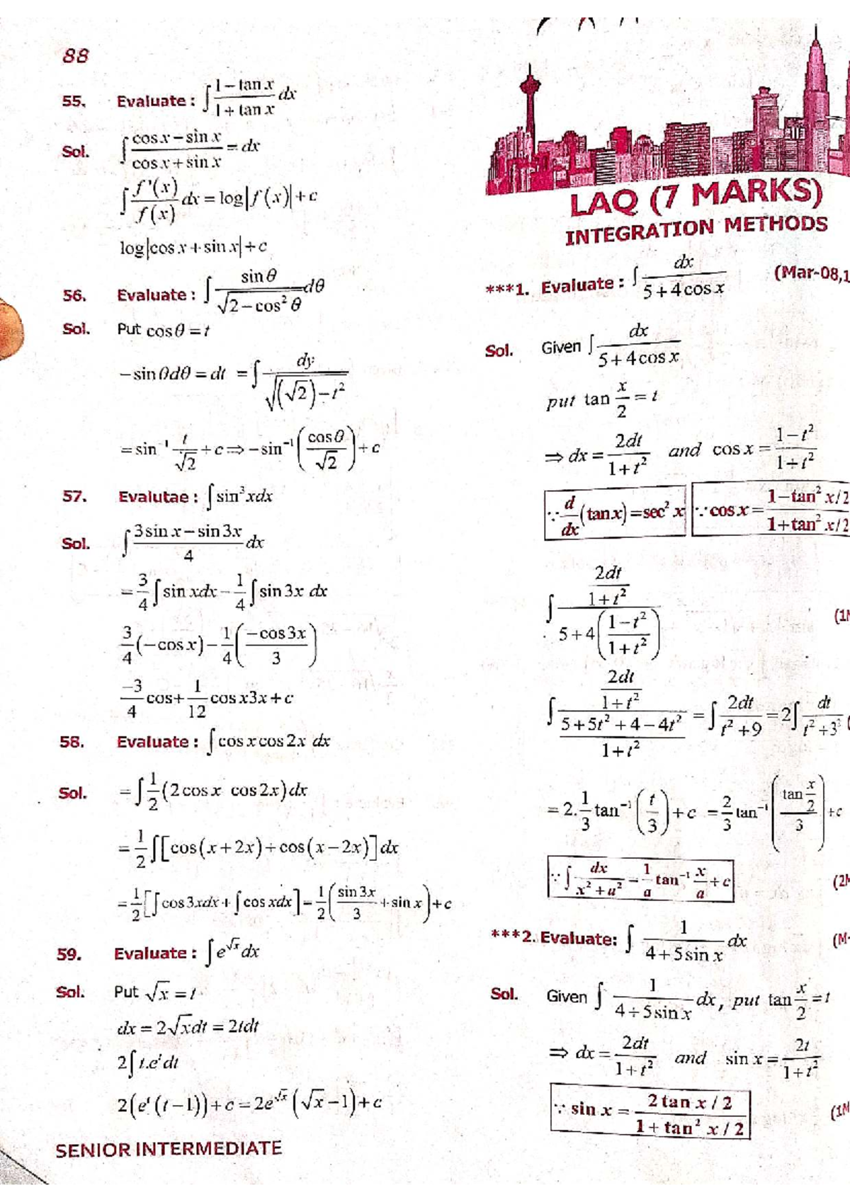 SENIOR INTERMEDIATE IPE MATHEMATICS: INDEFINITE INTEGRALS SOLUTIONS ...