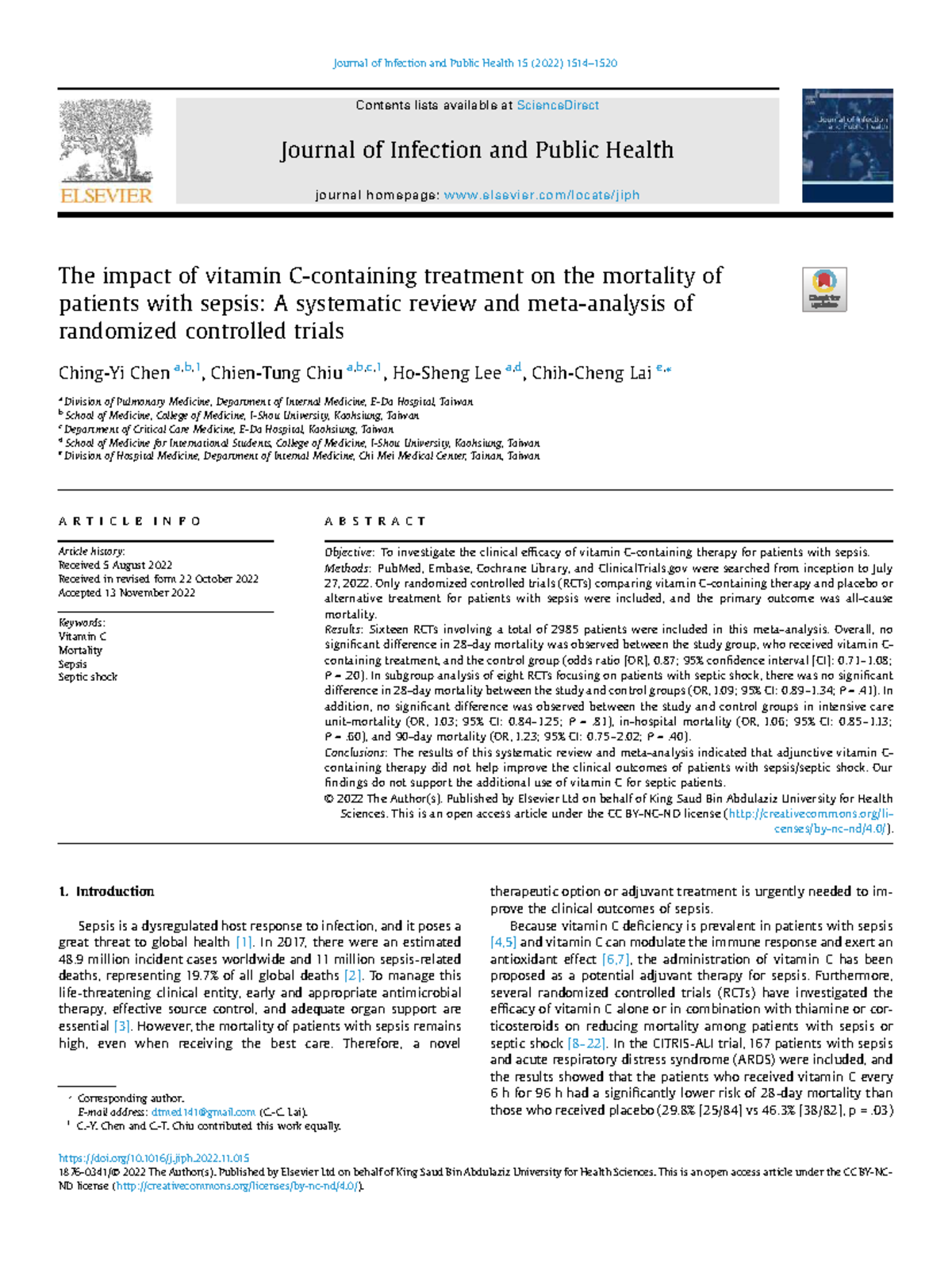 The Impact of Vitamin Treatment on Sepsis Mortality: A Systematic ...