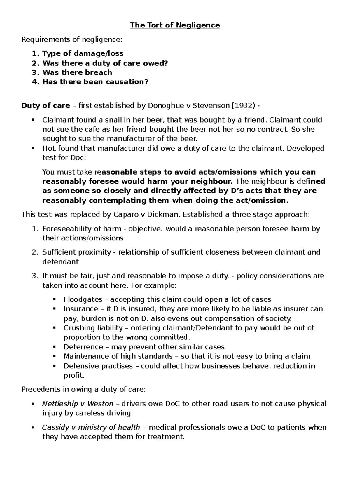 The Tort of Negligence: Key Principles and Case Law for SQE1 - Studocu