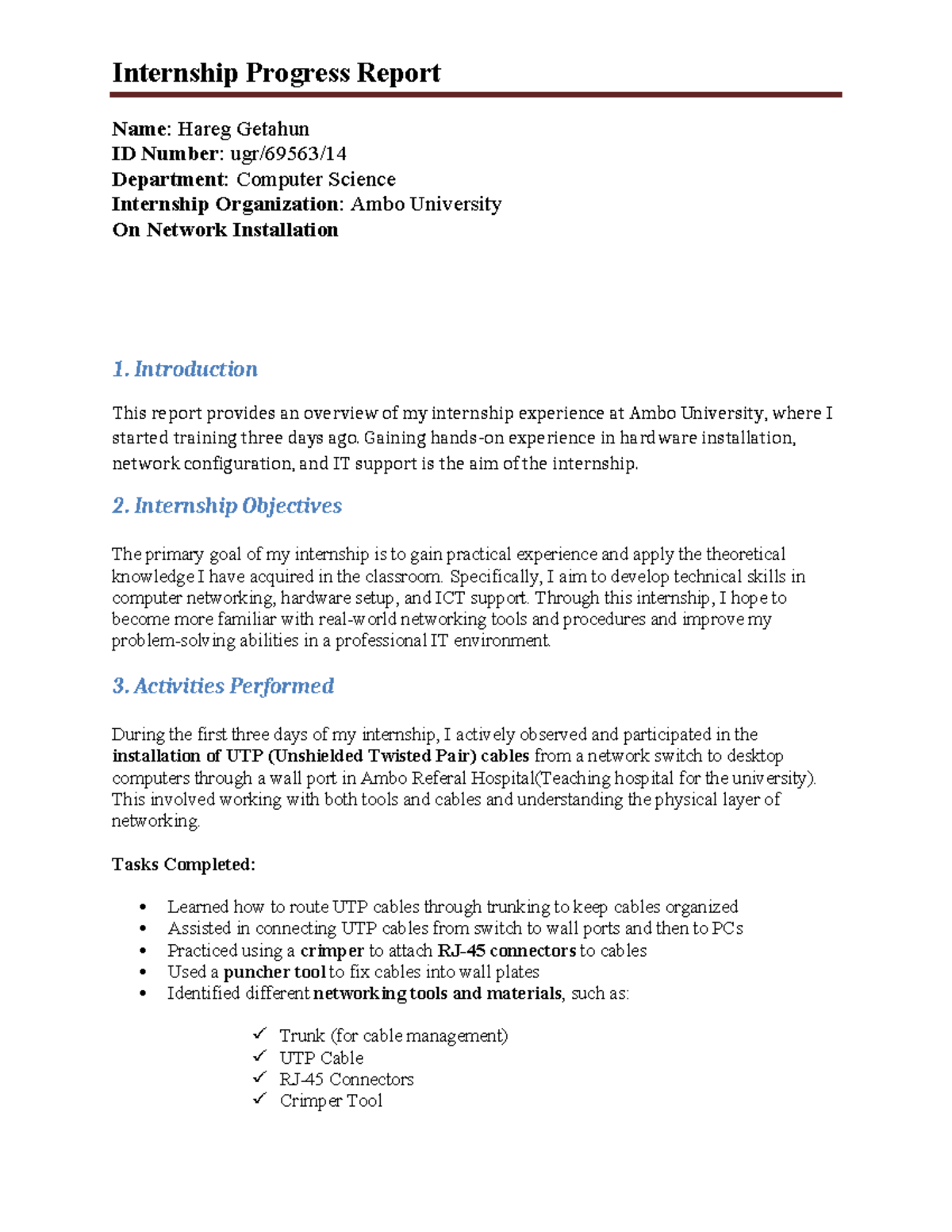 CS Internship Progress Report: Network Installation at Ambo University ...