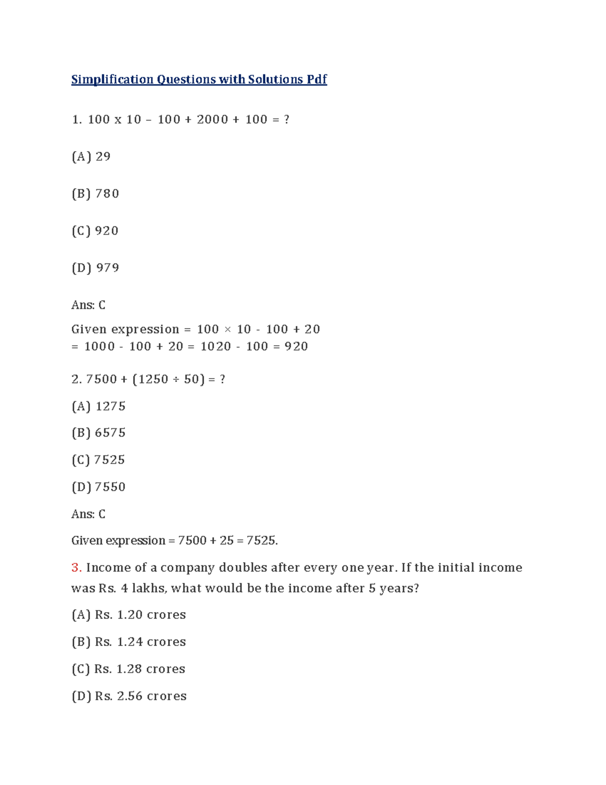 Simplification Questions with Solutions - Practice Set 1 - Studocu