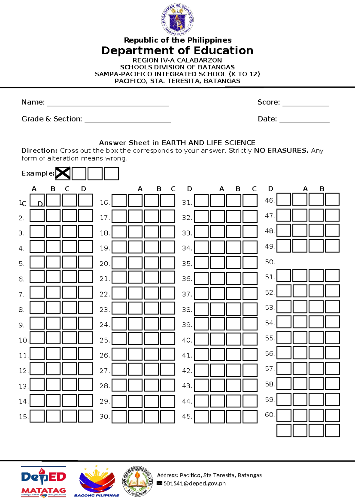EARTH AND LIFE SCIENCE Answer Sheet (Grade & Section) - Studocu