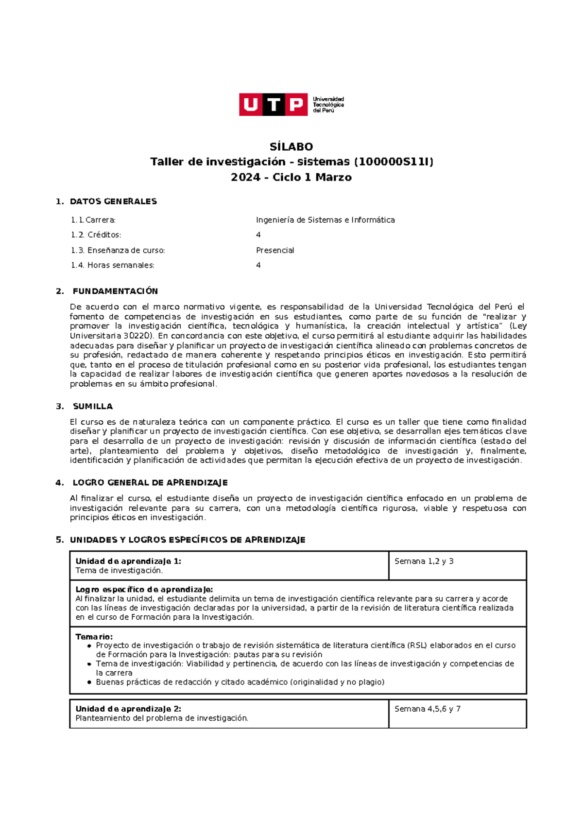 Taller de Investigación en Sistemas (100000S11I) - Sílabo 2024 - Document Preview