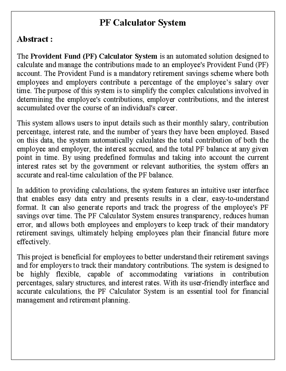 Abstract - PF Calculator System Abstract : The Provident Fund (PF ...