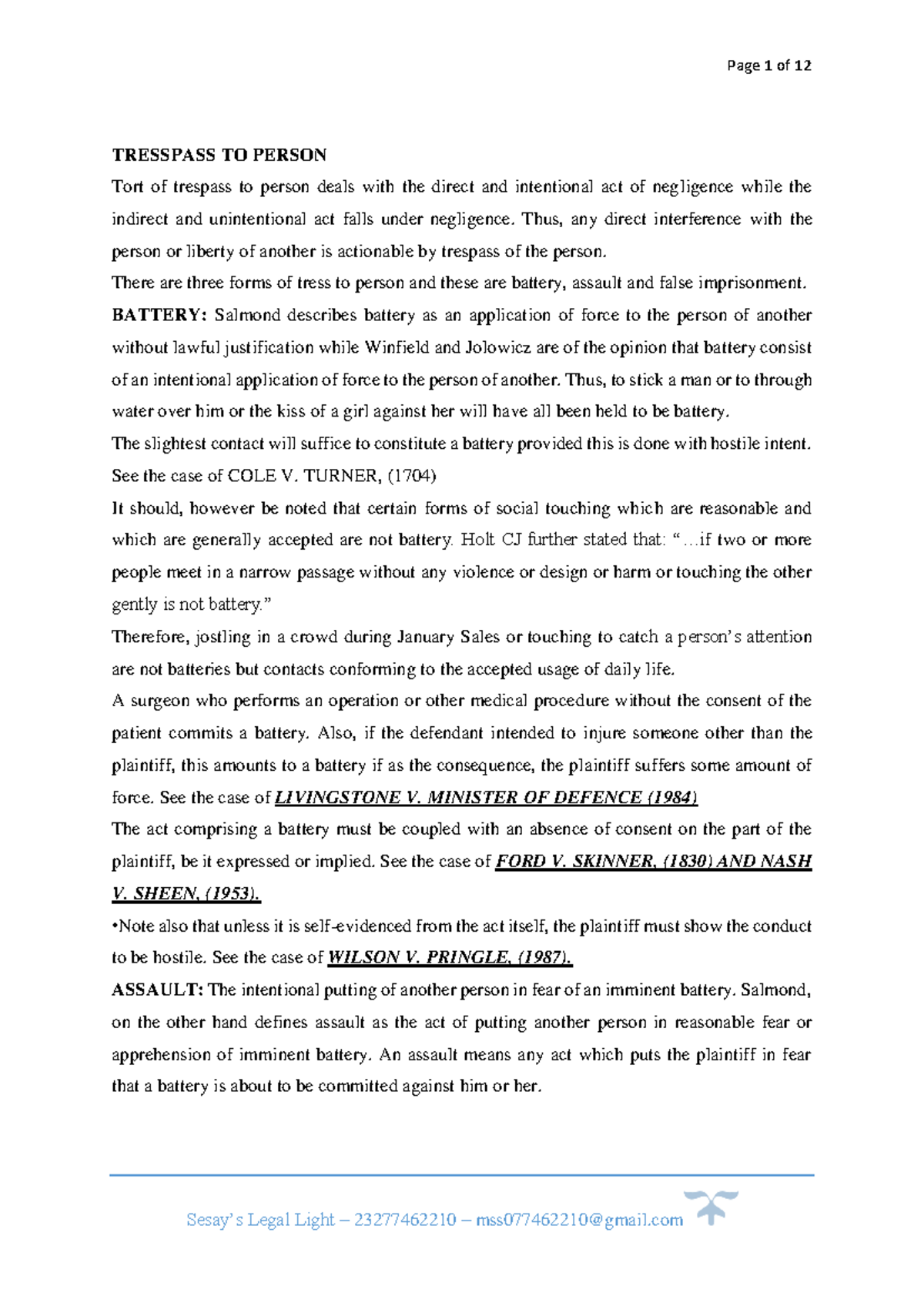 Tort Law: Trespass to Person - Battery, Assault, & False Imprisonment -  Studocu