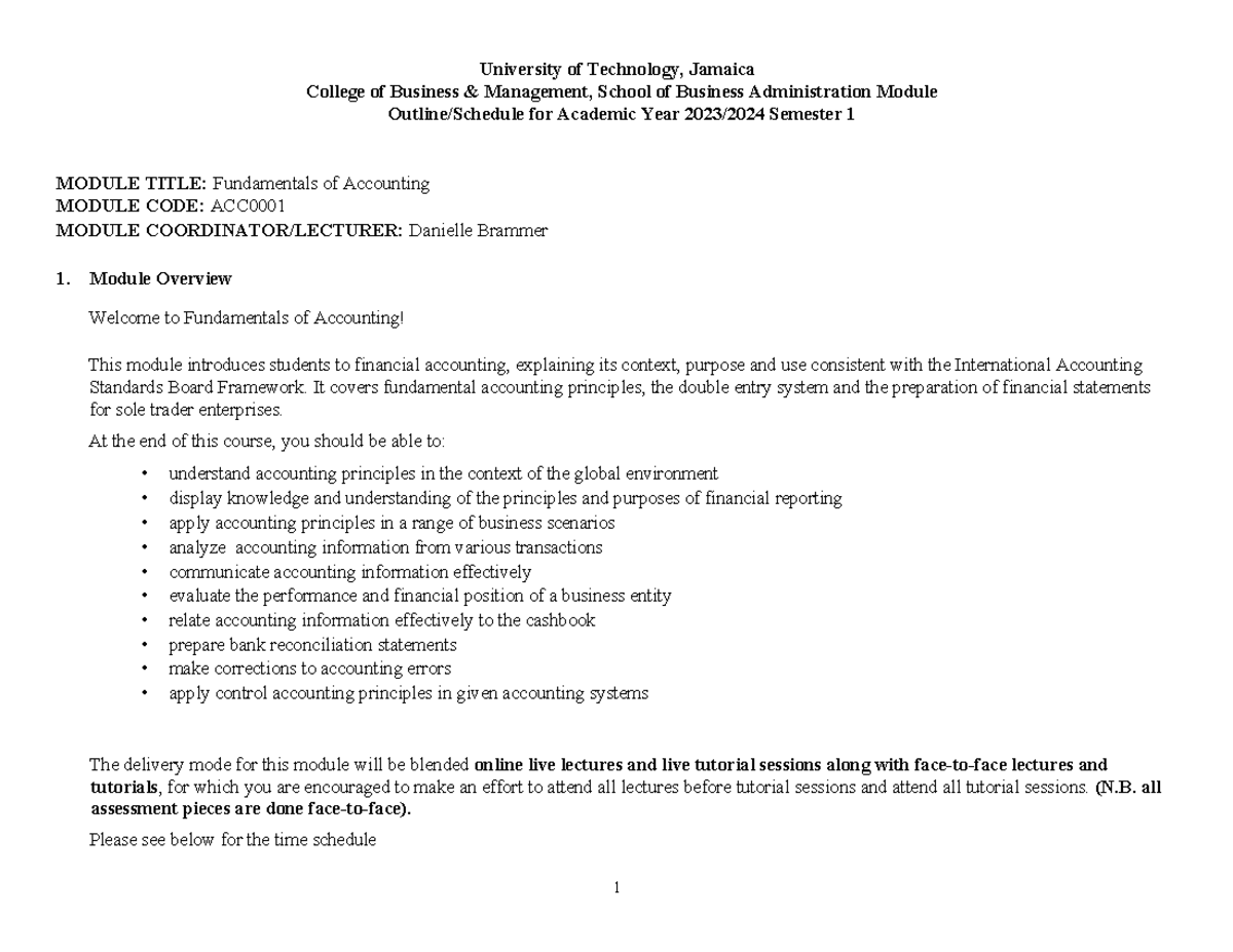 Fundamentals of Accounting (ACC) - AY2023-24 Course Outline & Schedule ...