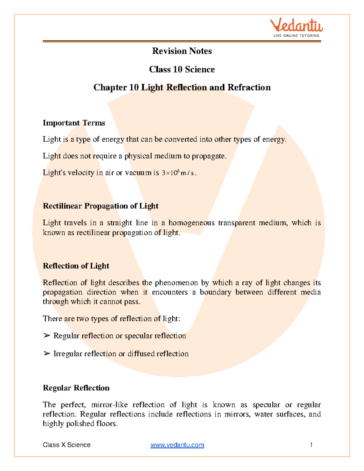 Light Reflection and Refraction Class 10 Notes CBSE Science Chapter 10 ...