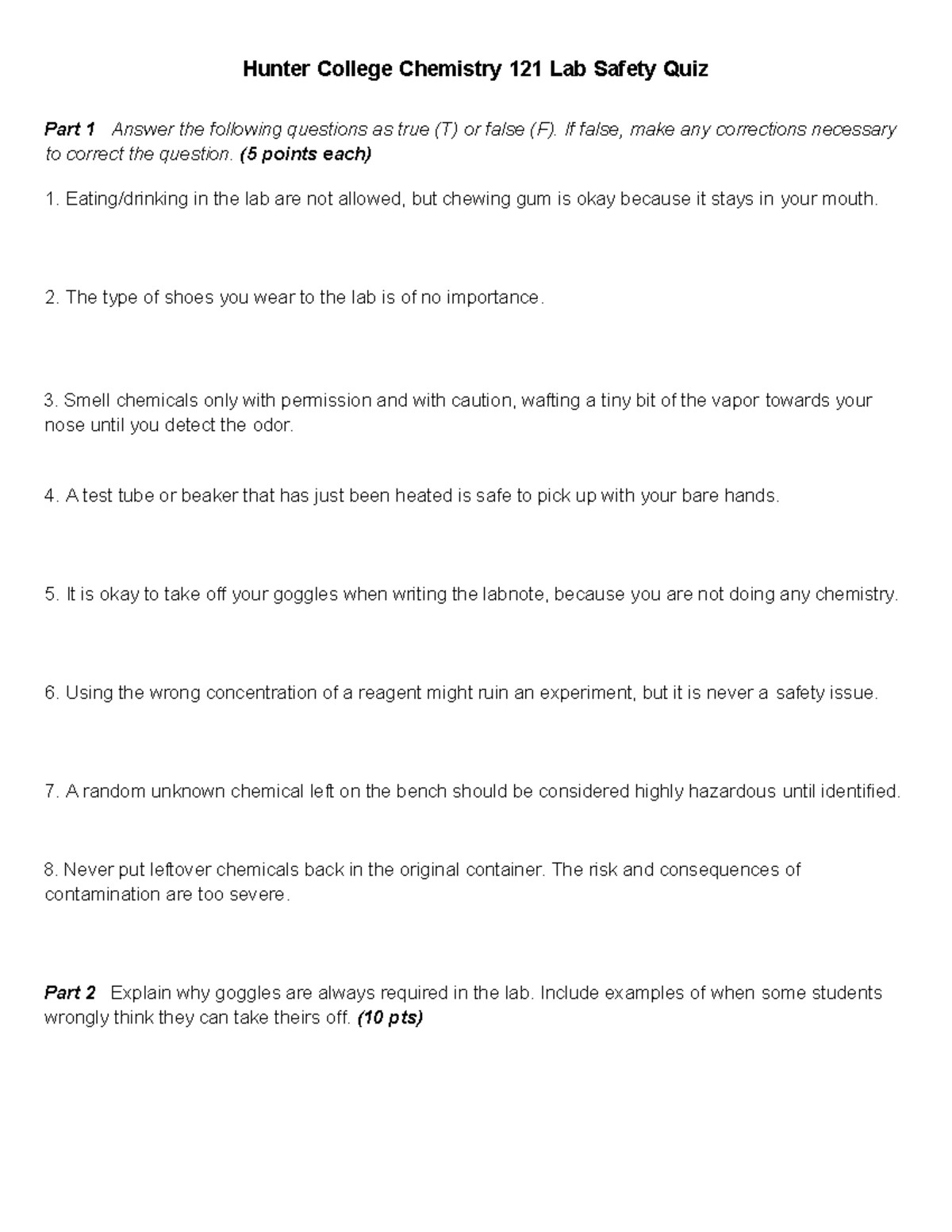 121 quiz - quiz - Hunter College Chemistry 121 Lab Safety Quiz Part 1 ...