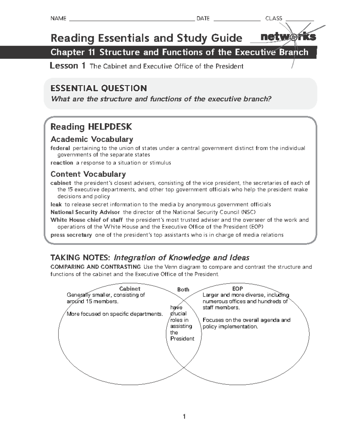 Chapter 11 Reading Essentials & Study Guide: The President's Cabinet ...