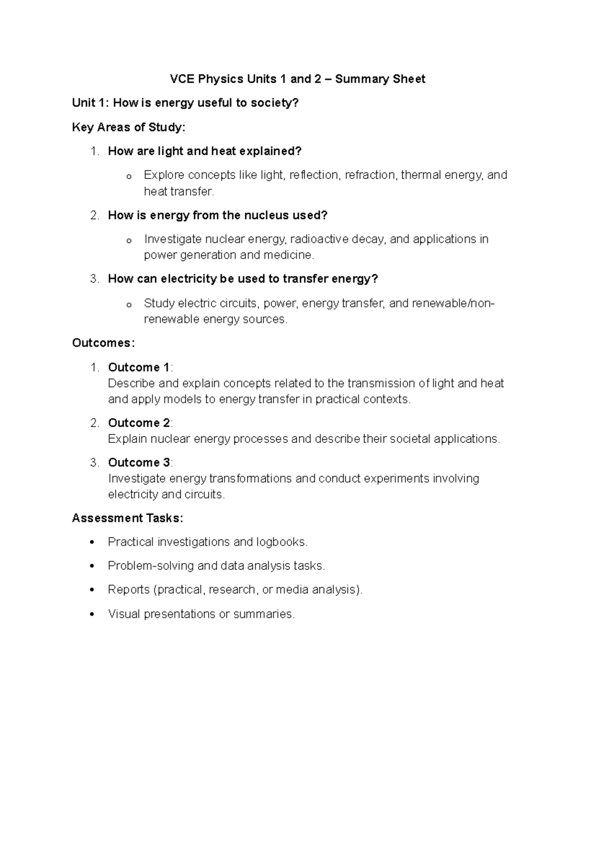 Unit 1 and 2 Summary - VCE Physics Units 1 and 2 – Summary Sheet Unit 1 ...