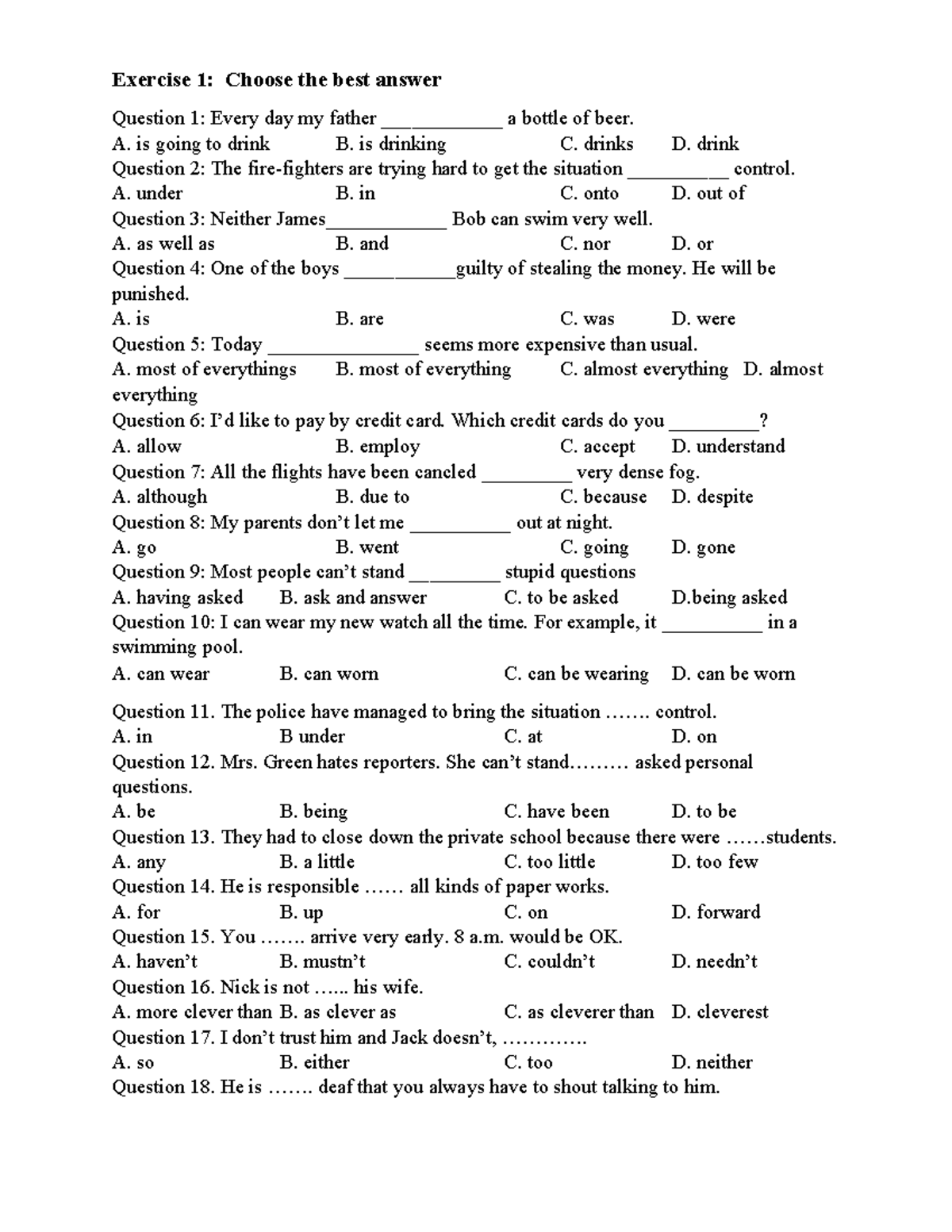 Exercise 1: Best Answer Questions and Reading Comprehension - ENG101 ...