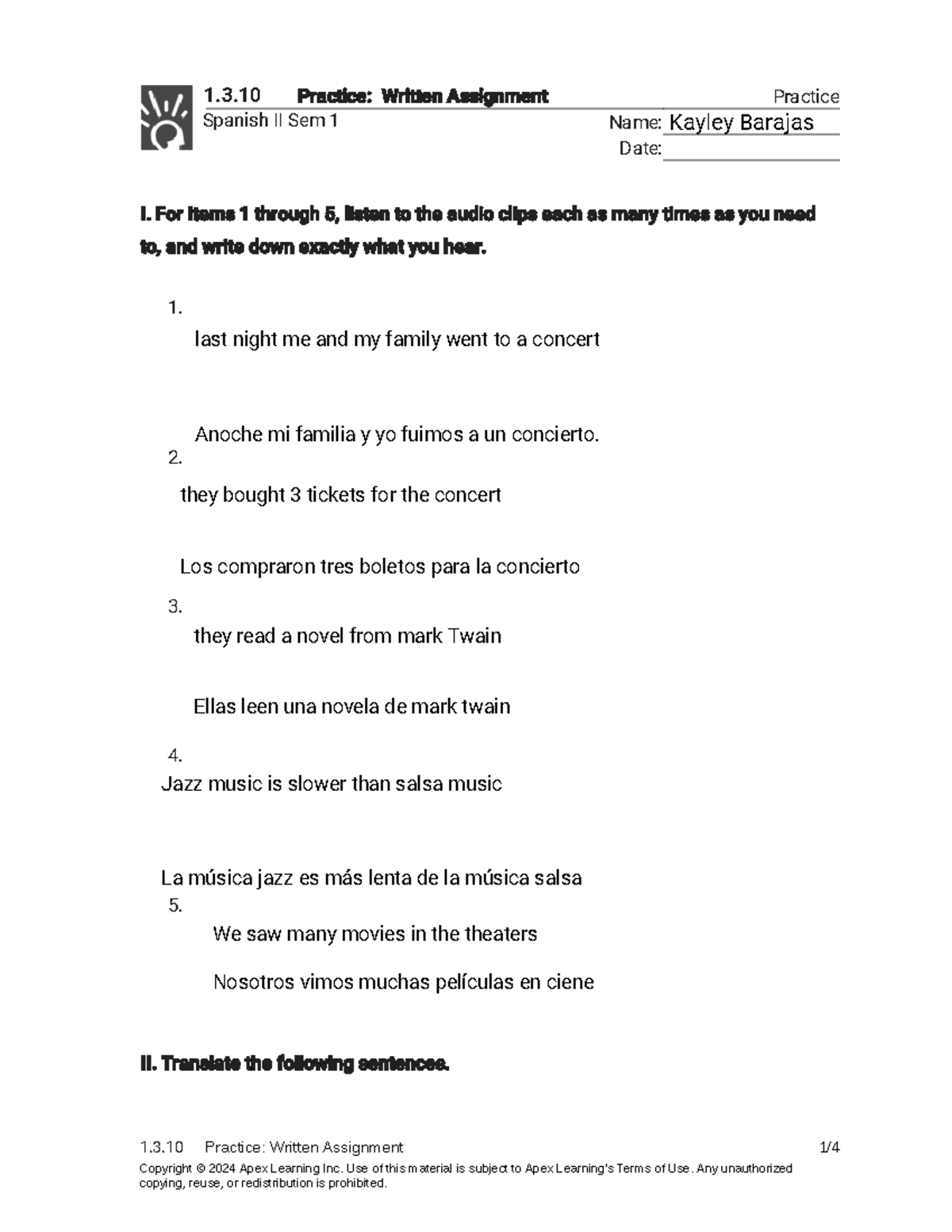 1.3.10 Practice: Written Assignment for Spanish II Sem 1 - Studocu