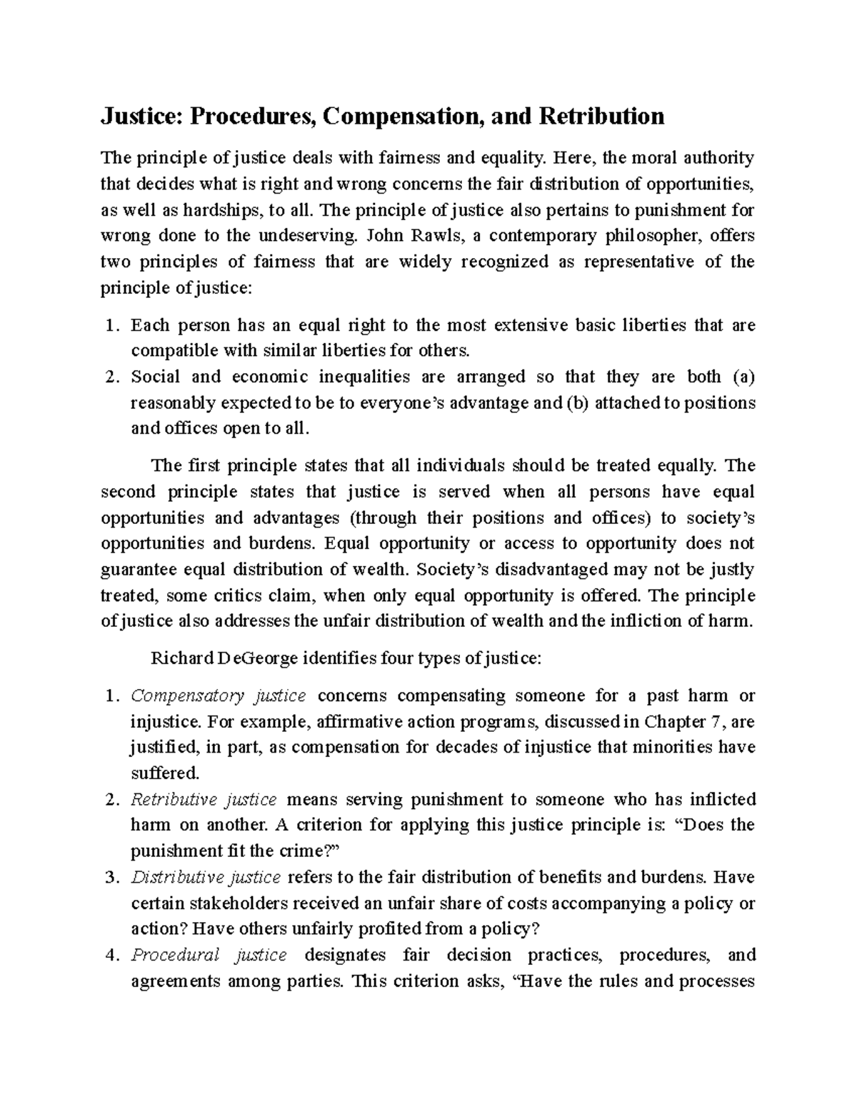 Justice - câu hỏi ôn tập - Justice: Procedures, Compensation, and ...